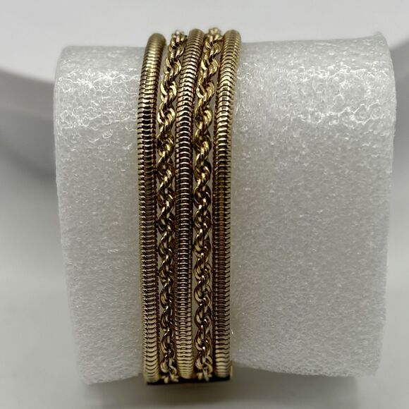 Vintage Mid Century Gold Tone Triple Chain Bracelet  Textured Rope & Snake Chain - Picture 1 of 6